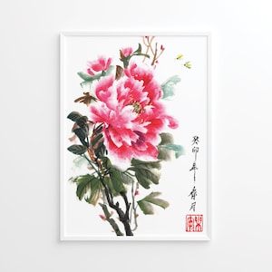 Peonies Blooming in Spring. Chinese Art and Calligraphy for Print, Digital file only, Download, Individual or commercial use. Files: .JPG