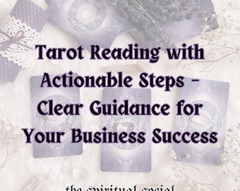 May include: A flat lay featuring tarot cards with a circular design, lavender, and decorative elements. Text on the cards reads "Tarot Reading with Actionable Steps - Clear Guidance for Your Business Success". The spiritual social is also written.