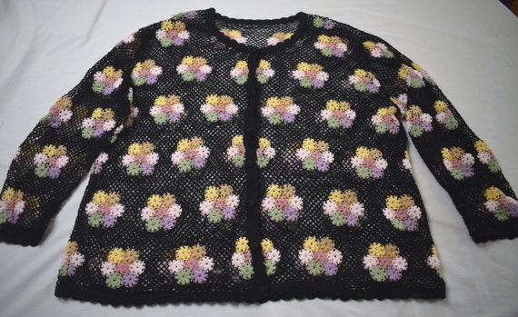 Vintage Crocheted Button down sweater, black with… - image 1