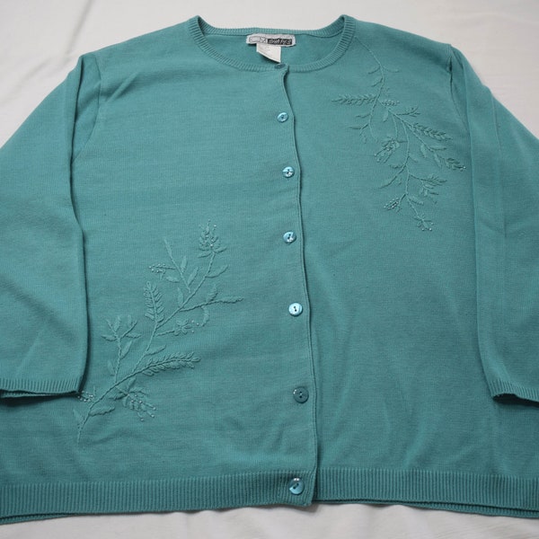 Vintage CM Shapes cardigan sweater, aqua color, button down, Size:  1X 55% acrylic/45 cotton