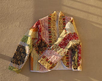 Veste matelassée en patchwork faite main – manteau bohème recyclé vintage, M/L