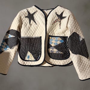 Handmade Quilt Jacket With Star Appliqués – Boho Patchwork Coat, M/L