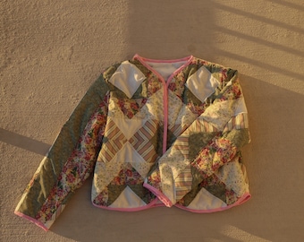 Veste courtepointe vintage faite main - Manteau patchwork bohème, M/L