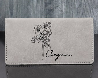 Couverture personnalisée de chéquier de fleur de naissance, chéquier en cuir, portefeuille de chéquier, étui de chéquier, porte-chéquier de fleur, cadeau de fleur de naissance