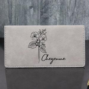 Personalized Birth Flower Checkbook Cover, Leather Checkbook, Checkbook Wallet, Checkbook Case, Flower Checkbook Holder, Birth Flower Gift