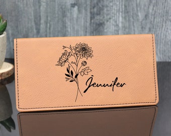 Flower Checkbook Holder, Personalized Birth Flower Checkbook Cover, Leather Checkbook, Checkbook Wallet, Checkbook Case, Birth Flower Gift