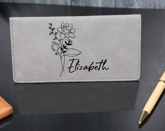 Flower Checkbook Holder, Personalized Birth Flower Checkbook Cover, Leather Checkbook, Checkbook Wallet, Checkbook Case, Birth Flower Gift