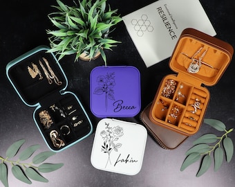 Travel Jewelry Case, Jewelry Organizer, Jewelry Travel Case, Personalized Jewelry Box, Birth Flower Jewelry Travel Case, Travel Jewelry Box