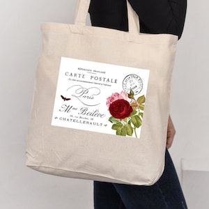 carte postale vintage paris w rose floral / rouge rose w papillon Shabby Chic Project Project Travel Reusable Shopping Laptop Book Canvas Tote Bag