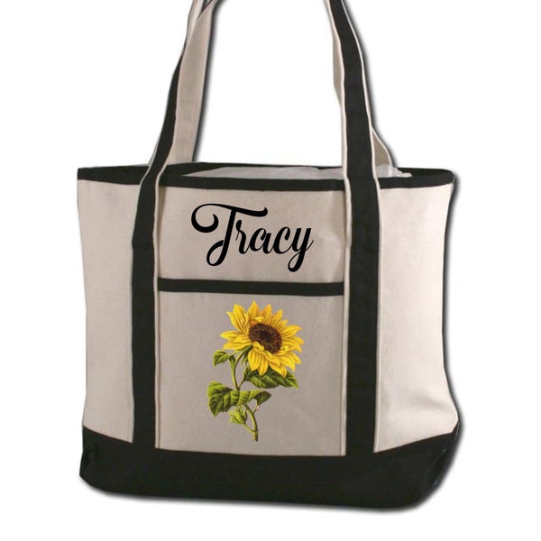 Personalized Name w/ Sunflower Image Spring Reusable Library Travel Craft Project laptop Book Market Shopping Canvas Tote Bag W/Long handles