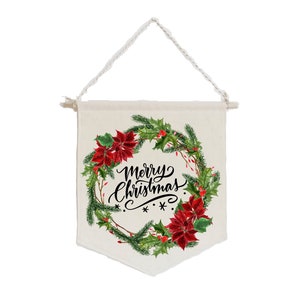 Merry Christmas With Poinsettia Floral Evergreen Christmas Wreath on Natural Canvas Banner