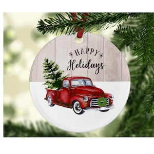 Happy Holidays Red Vintage Truck Round Ceramic Ornament Christmas Tree Ornament Gift FREE gift box included Christmas Gift!