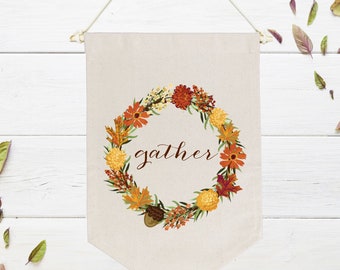 Gather With Fall Wreath on Natural Canvas Banner