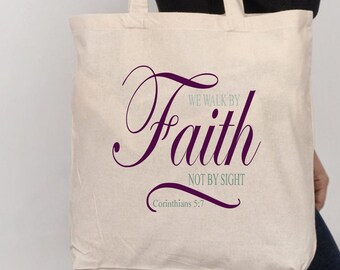 We lopen door het geloof niet door het zicht Korintiërs 5:7 geloof project bibliotheek reizen laptop boek kerk herbruikbare shopper canvas Tote Bag W/lange steel