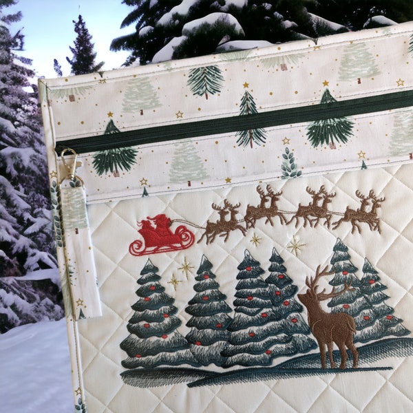 14" x 14" Santa and Reindeer in Flight Vinyl Front Cross Stitch Project Bag, Embroidery, Crochet or Knitting