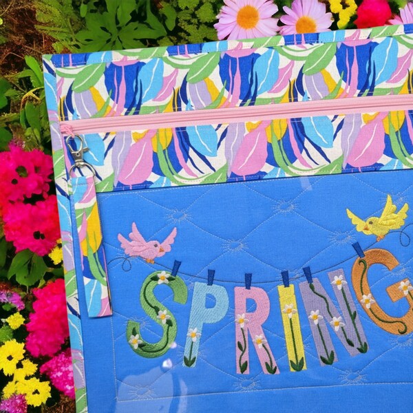 14" x 14" Spring Clothesline Blue Vinyl Front Cross Stitch Project Bag, Embroidery, Crochet or Knitting