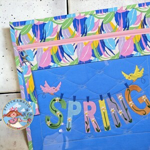 14x14 Seasons Blue Spring Clothesline Embroidered Vinyl Front Cross Stitch Project Bag, Embroidery, Crochet or Knitting