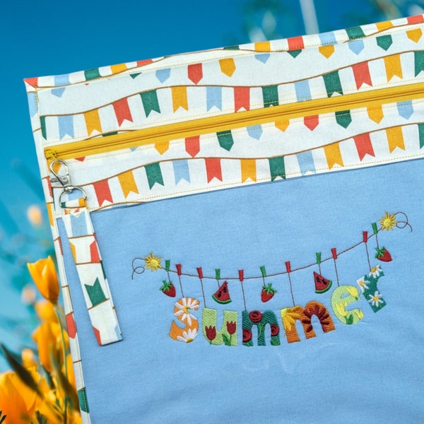 14" x 14" Summer Clothesline Vinyl Front Cross Stitch Project Bag, Embroidery, Crochet or Knitting