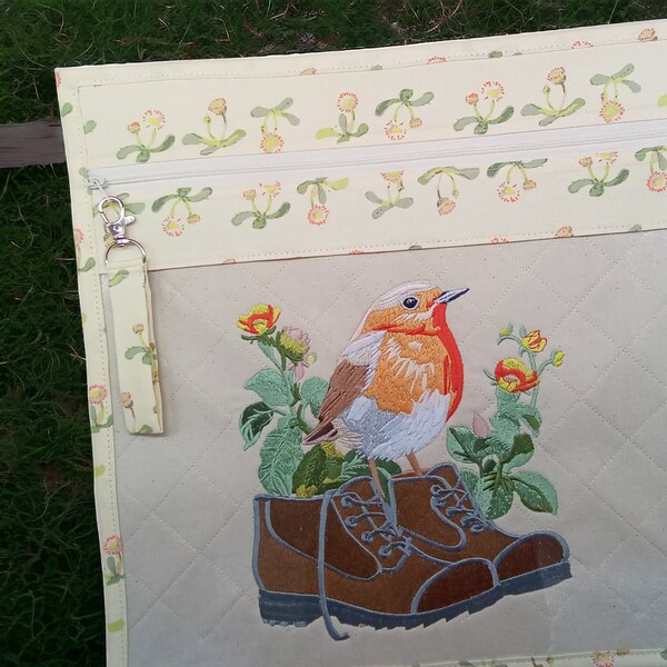 14" x 14" Garden Robin in Boots Vinyl Front Cross Stitch Project Bag, Embroidery, Crochet or Knitting