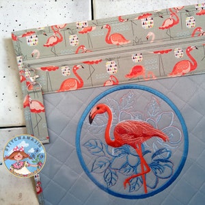 14x14 Pink Flamingos Embroidered Vinyl Front Cross Stitch Project Bag, Embroidery, Crochet or Knitting