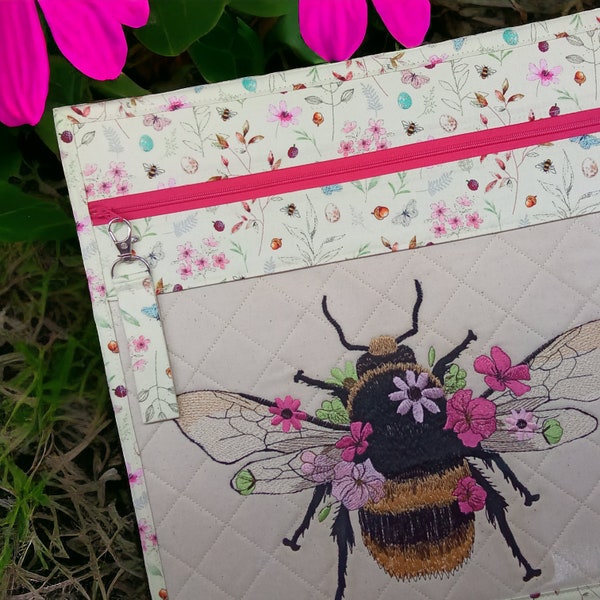 14" x 14" Floral Bumble Bee Vinyl Front Cross Stitch Project Bag, Embroidery, Crochet or Knitting