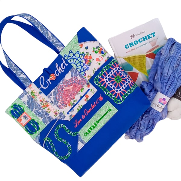 Crochet Project Bag - Blue Floral Tote