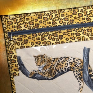 14" x 14" Big Cat Leopard on Branch Vinyl Front Cross Stitch Project Bag, Embroidery, Crochet or Knitting