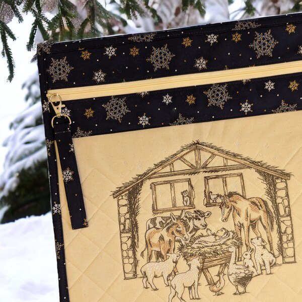 14" x 14" Manger Nativity Scene Vinyl Front Cross Stitch Project Bag, Embroidery, Crochet or Knitting