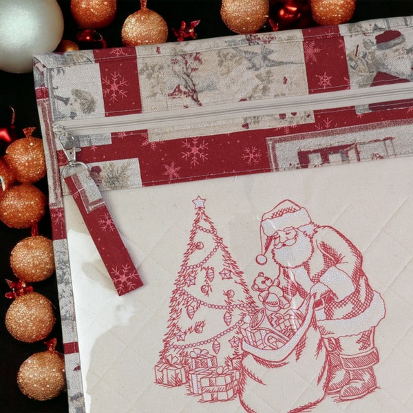 14" x 14" Santa Bringing Gifts Vinyl Front Cross Stitch Project Bag, Embroidery, Crochet or Knitting