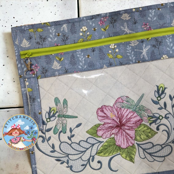 Hibiscus Dragonfly Embroidered Vinyl Front Project Bag Cross