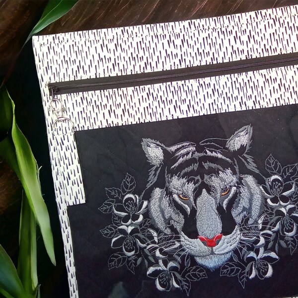 14" x 14" White Tiger Vinyl Front Cross Stitch Project Bag, Embroidery, Crochet or Knitting
