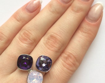 Triple ring adjustable Swarovski in rhodium plated silver /