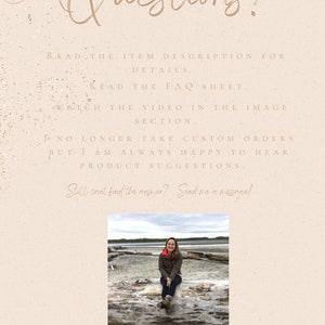 May include: A woman sits on a log in a beach setting. The text "Questions?" is at the top of the image. The text "Still can't find the answer? Send me a message!" is below the image. The text "Can you guess where this picture was taken?" is at the bottom of the image.