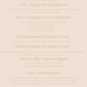 May include: A list of frequently asked questions (FAQ) about using mockups for product design. The text includes questions about changing the background, size of the label, design placement, software requirements, custom images, and using Photopea.