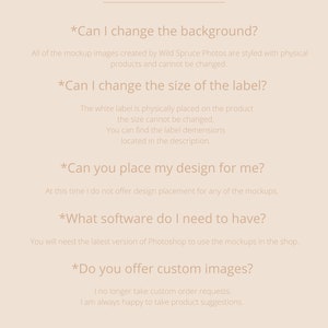 K&ouml;nnte beinhalten: FAQ zu Mockup-Bildern, einschlie&szlig;lich Informationen zum &Auml;ndern des Hintergrunds, der Etikettengr&ouml;&szlig;e, der Platzierung des Designs, der Softwareanforderungen und der Anfragen f&uuml;r benutzerdefinierte Bilder.