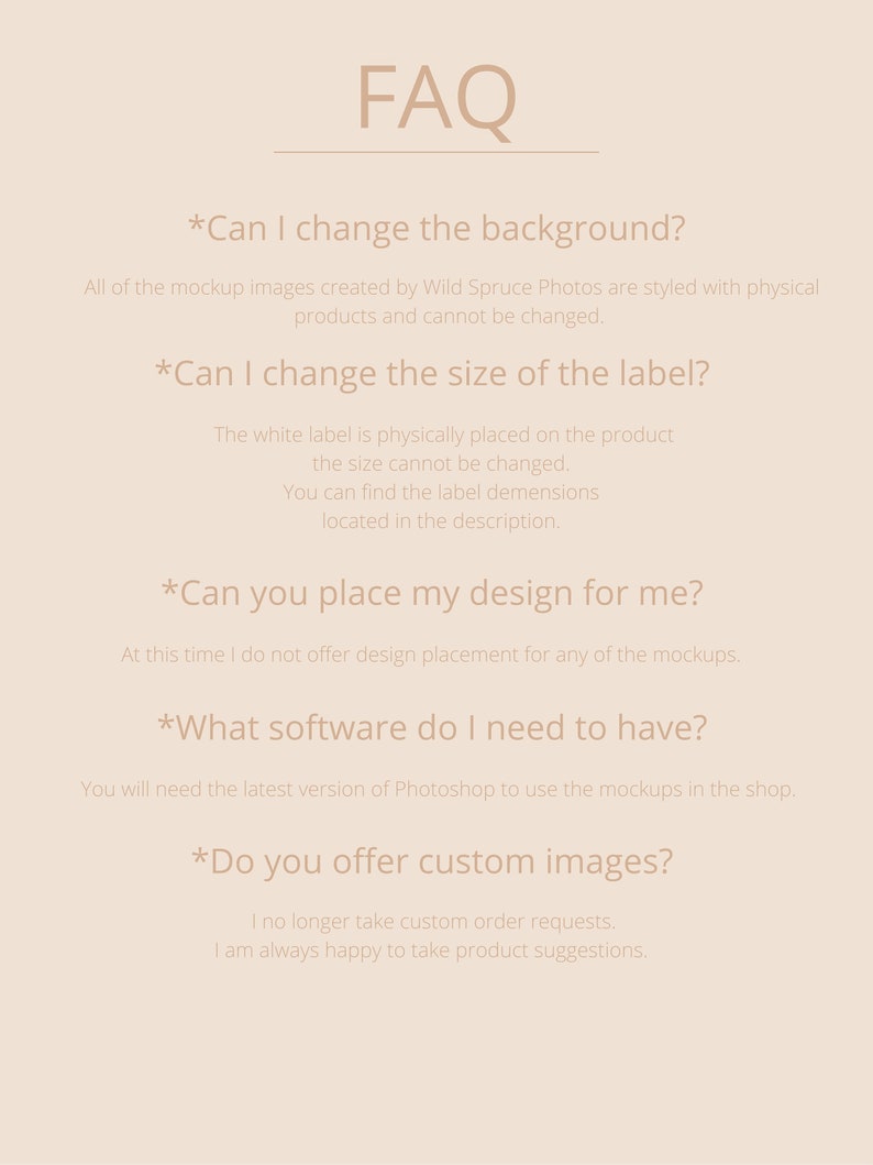 K&ouml;nnte beinhalten: FAQ zu Mockup-Bildern, einschlie&szlig;lich Informationen zum &Auml;ndern des Hintergrunds, der Etikettengr&ouml;&szlig;e, der Platzierung des Designs, der Softwareanforderungen und der Anfragen f&uuml;r benutzerdefinierte Bilder.