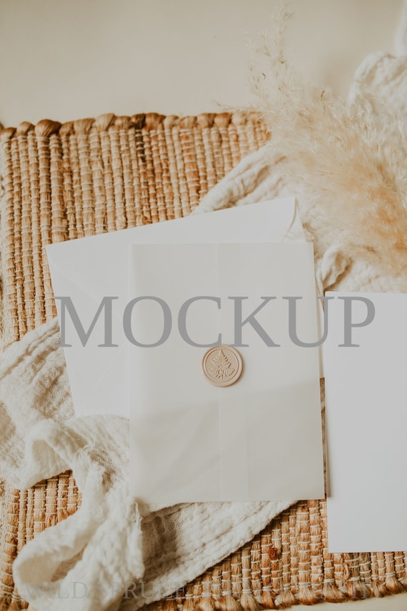 Vellum Wedding Invitation Mockup, 5x7 Stationery (JPG & PSD)