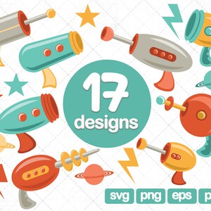 Puede incluir: Un conjunto de 17 diseños de pistolas espaciales de dibujos animados coloridos. Las pistolas son de varios colores, incluidos el rojo, el amarillo, el azul y el verde. Los diseños son perfectos para crear proyectos divertidos y caprichosos.