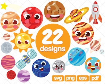 22 Planetas Bundlw, Uso comercial de imágenes prediseñadas del sistema solar, planetas gráficos vectoriales, imágenes prediseñadas espaciales, imágenes prediseñadas kawaii, imágenes digitales