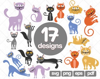 17 Cats png, Cats clipart, Cats svg, Cats cricut, Cats print, Cats design, Cat vector, Cat illustration, Cat images, Cat graphics