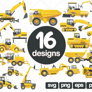 16 Vehicle Clipart, transport clipart, construction clipart, clipart, Dump truck, digger, Tractor svg,  Bulldozer svg, Excavator svg, png
