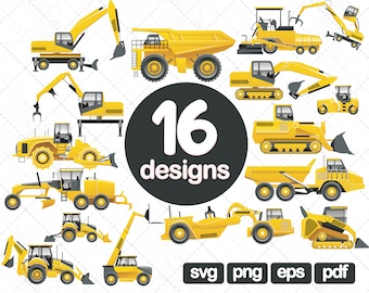 16 Vehicle Clipart, transport clipart, construction clipart, clipart, Dump truck, digger, Tractor svg,  Bulldozer svg, Excavator svg, png