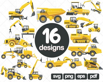 16 Vehicle Clipart, transport clipart, construction clipart, clipart, Dump truck, digger, Tractor svg,  Bulldozer svg, Excavator svg, png