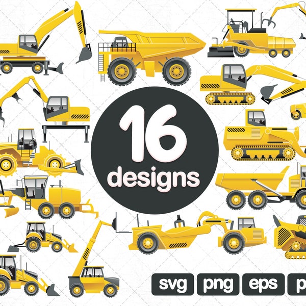 16 Vehicle Clipart, transport clipart, construction clipart, clipart, Dump truck, digger, Tractor svg,  Bulldozer svg, Excavator svg, png