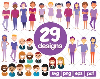 29 People clipart Bundle, kids clipart, face clipart, people silhouette, family clipart, cartoon people, scrapbook clipart, flat people svg