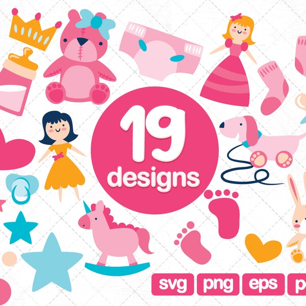 19 Baby Girl Clipart Bundle SVG, baby graphics, pink baby clipart, newborn clipart, baby girl graphics