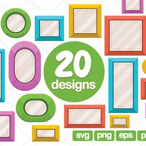 May include: Twenty different frame designs in various colours and shapes. The frames are perfect for adding a touch of personality to your photos, artwork, or other decorative items.  The text "20 designs" is in white on a green circle.  The text "svg png eps pdf" is in white on a green rectangle.