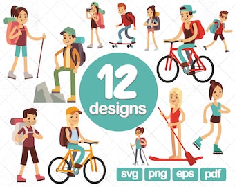 12 Sport People Clipart, ciclismo, senderismo, patinaje, skateboarding, png, svg, eps, pdf, hombre, mujer, niña, niño, imágenes