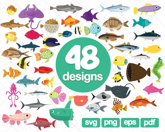 48 Fishes clipart bundle, fishing clipart, ocean fish clipart, fish png,  fish illustration, cute fish clipart, fish svg nautical clipart sea