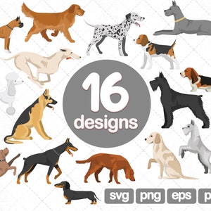 May include: A set of 16 dog breed illustrations in various poses. The illustrations are in a cartoon style and feature a variety of breeds, including a golden retriever, a dalmatian, a beagle, a poodle, a German Shepherd, a dachshund, and a Doberman Pinscher. The illustrations are perfect for use in digital or print projects.